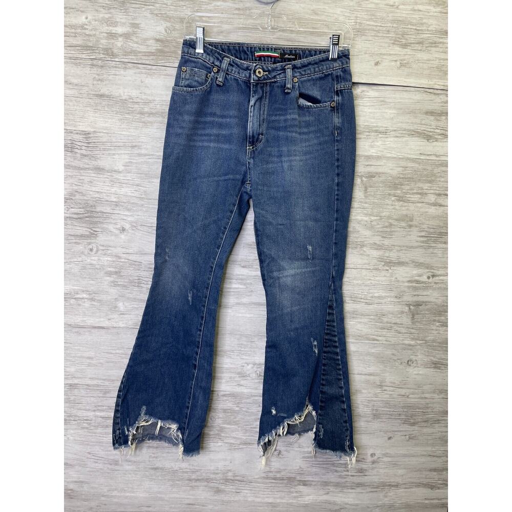 Please Jeans Womens M Blue Denim Flare Ankle Distressed Frayed Hem Made In Italy